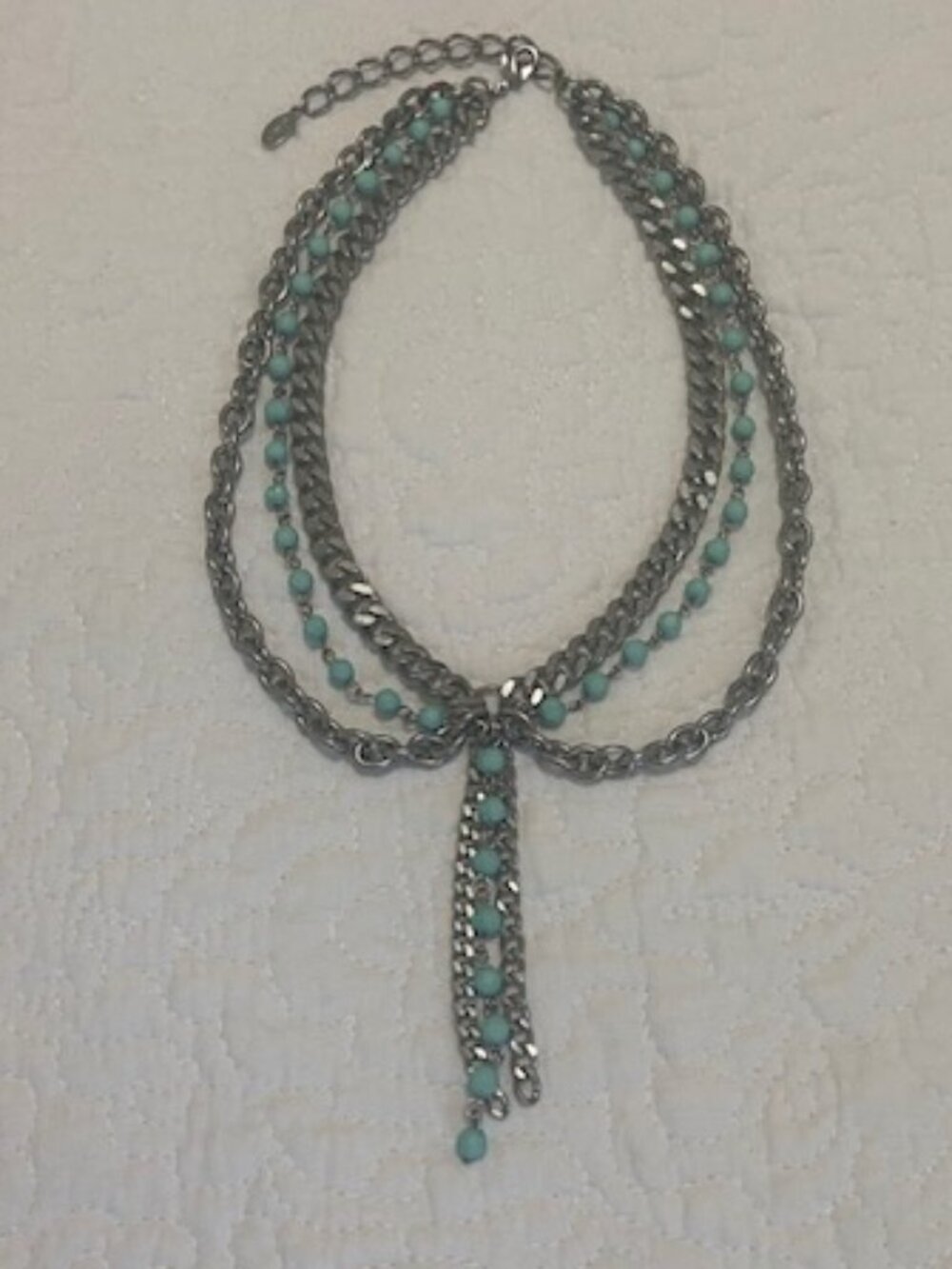 Vintage Guess Silver Tone & Turquoise Colored Multi-Row Chunky Chain Necklace
